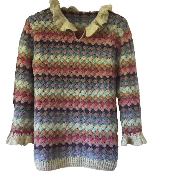 Sweater Bee Sweaters - Vintage Sweater Bee Sweater Pastel Multicolor Ruffle collar Bell Sleeve Womens S